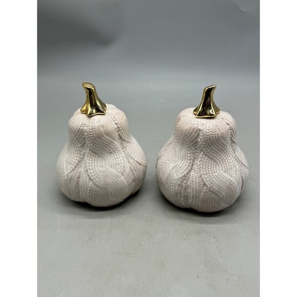Decorative Ceramic Pumpkin set of 2 Halloween decor white gold top 6" READ - Picture 4 of 6